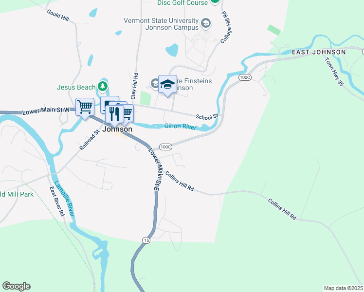 map of restaurants, bars, coffee shops, grocery stores, and more near 140 Vermont 100C in Johnson