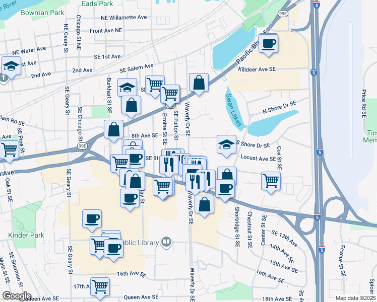 map of restaurants, bars, coffee shops, grocery stores, and more near 851 Southeast Waverly Drive in Albany