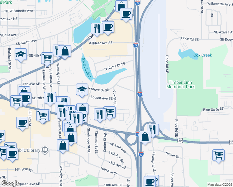 map of restaurants, bars, coffee shops, grocery stores, and more near 825 Cox Street Southeast in Albany
