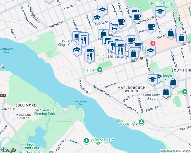 map of restaurants, bars, coffee shops, grocery stores, and more near 1181 Dalhousie Street in Halifax
