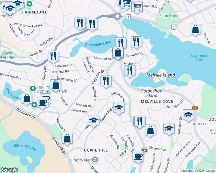 map of restaurants, bars, coffee shops, grocery stores, and more near in Halifax