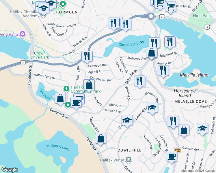 map of restaurants, bars, coffee shops, grocery stores, and more near 58 Halef Court in Halifax