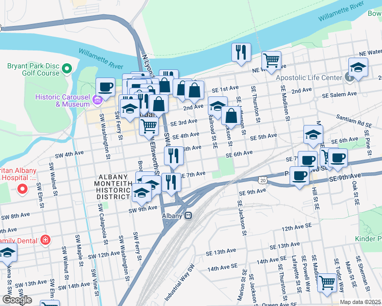 map of restaurants, bars, coffee shops, grocery stores, and more near 237 Southeast 5th Avenue in Albany