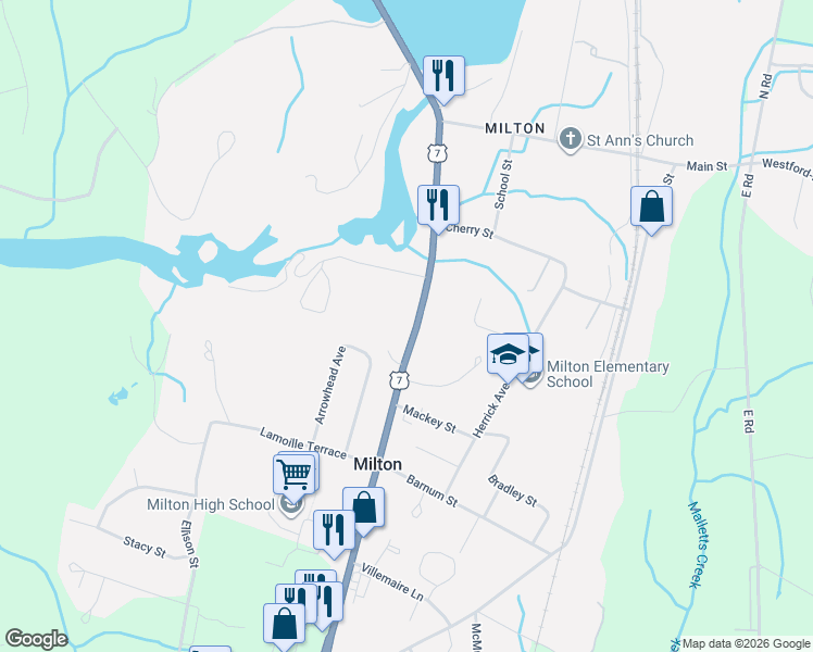 map of restaurants, bars, coffee shops, grocery stores, and more near 77 River Street in Milton