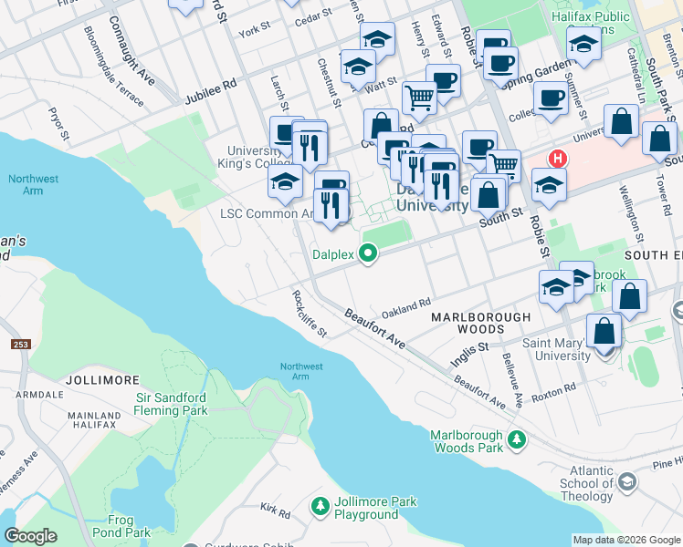 map of restaurants, bars, coffee shops, grocery stores, and more near 1178 Dalhousie Street in Halifax