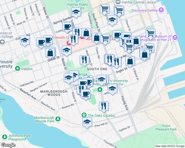 map of restaurants, bars, coffee shops, grocery stores, and more near 1034 Wellington Street in Halifax