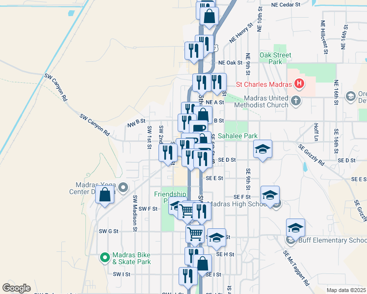 map of restaurants, bars, coffee shops, grocery stores, and more near 178 Southwest 4th Street in Madras