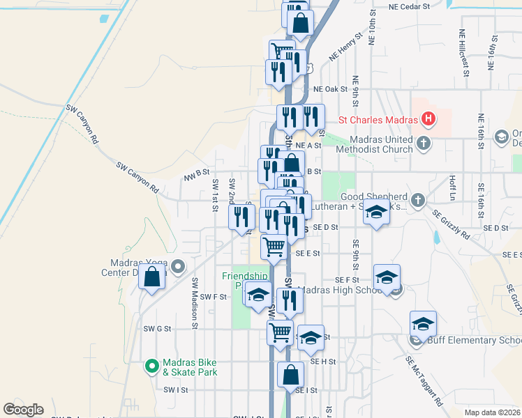 map of restaurants, bars, coffee shops, grocery stores, and more near 178 Southwest 4th Street in Madras