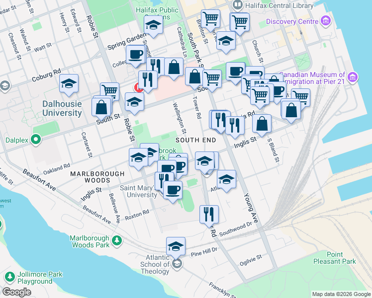 map of restaurants, bars, coffee shops, grocery stores, and more near 5831 Inglis Street in Halifax