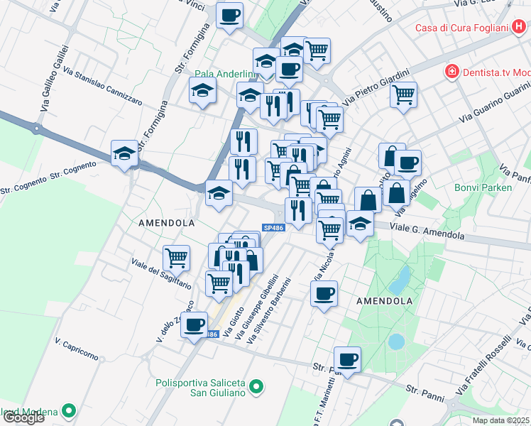 map of restaurants, bars, coffee shops, grocery stores, and more near 13 Via Bartolomeo Avanzini in Modena