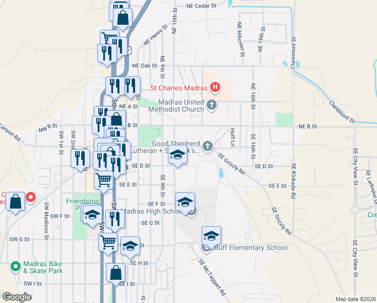 map of restaurants, bars, coffee shops, grocery stores, and more near 170 Southeast 11th Street in Madras