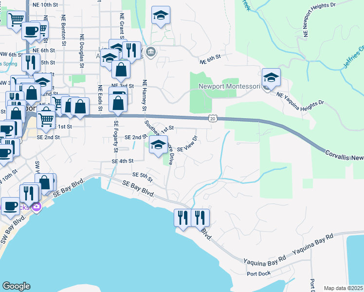 map of restaurants, bars, coffee shops, grocery stores, and more near 238 Southeast View Drive in Newport