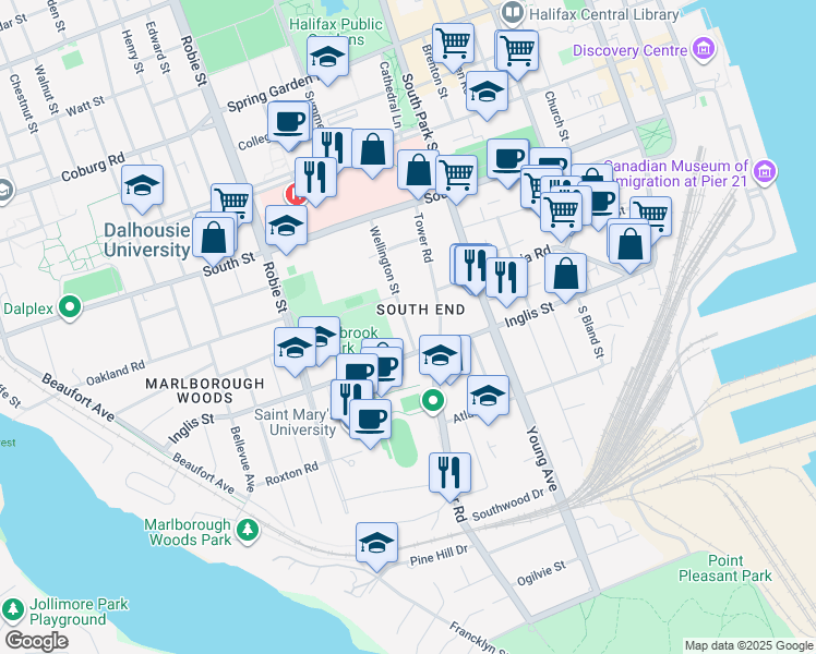 map of restaurants, bars, coffee shops, grocery stores, and more near 1041 Wellington Street in Halifax