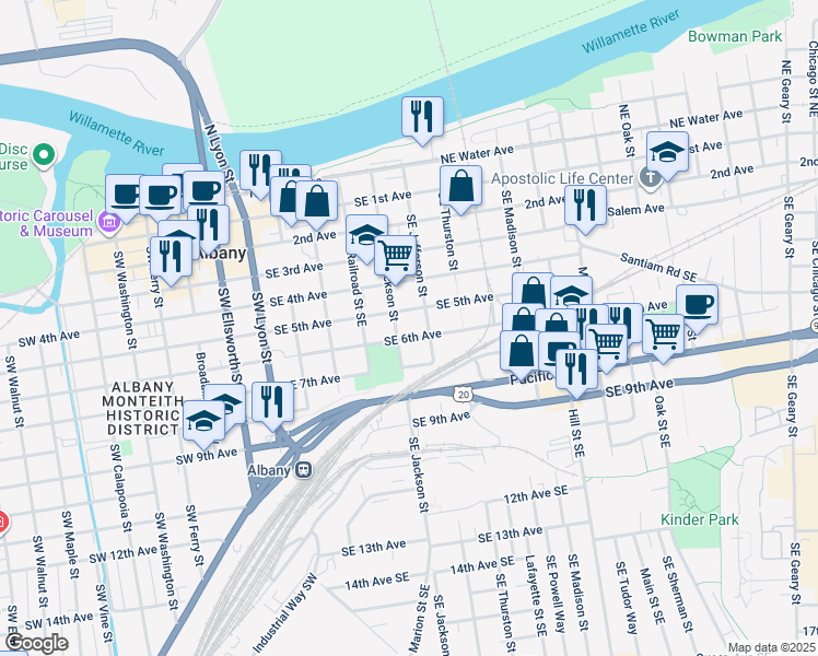 map of restaurants, bars, coffee shops, grocery stores, and more near 506 Southeast 6th Avenue in Albany