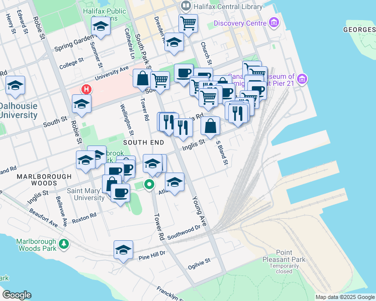 map of restaurants, bars, coffee shops, grocery stores, and more near 968 McLean Street in Halifax