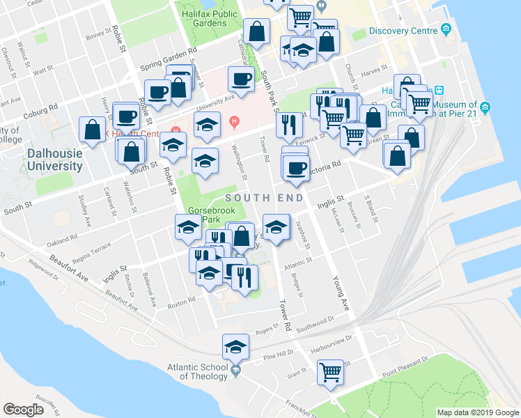 map of restaurants, bars, coffee shops, grocery stores, and more near 5831 Inglis Street in Halifax