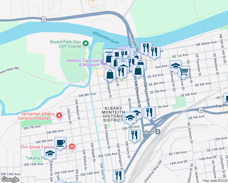 map of restaurants, bars, coffee shops, grocery stores, and more near 424 Southwest Washington Street in Albany