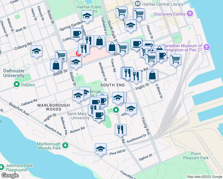 map of restaurants, bars, coffee shops, grocery stores, and more near 1041 Wellington Street in Halifax