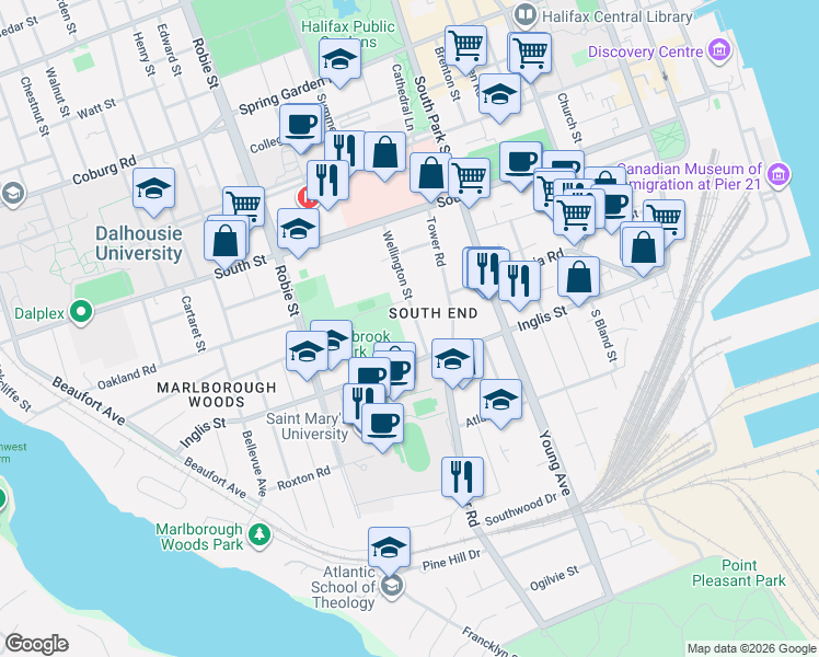 map of restaurants, bars, coffee shops, grocery stores, and more near 1048 Wellington Street in Halifax