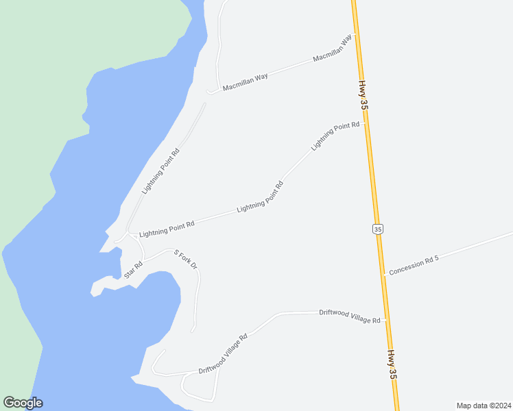 map of restaurants, bars, coffee shops, grocery stores, and more near Lightning Point Road in Kawartha Lakes