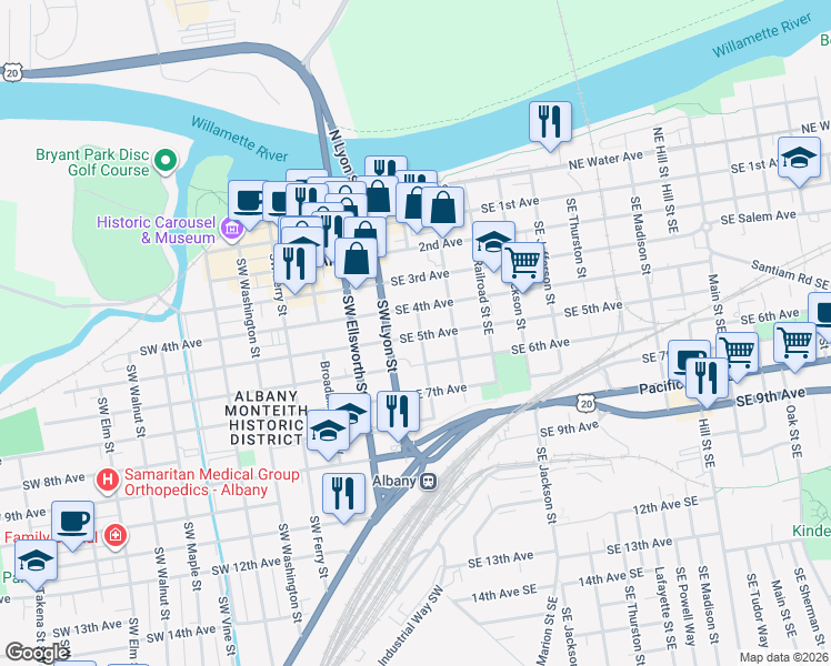 map of restaurants, bars, coffee shops, grocery stores, and more near 128 Southeast 5th Avenue in Albany