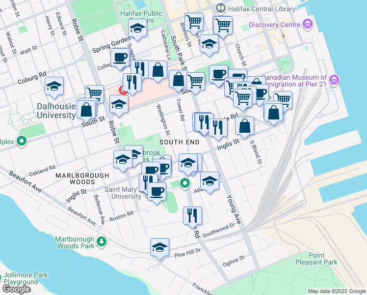 map of restaurants, bars, coffee shops, grocery stores, and more near 1044 Tower Road in Halifax