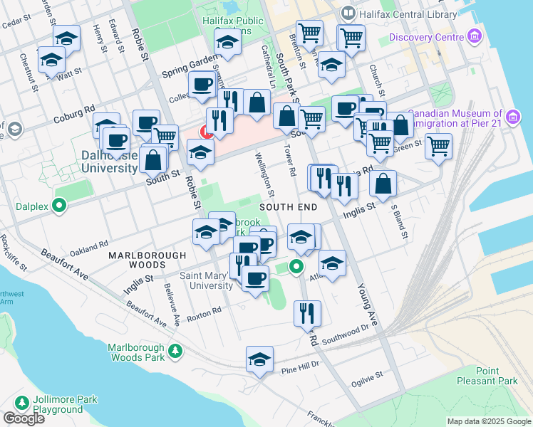 map of restaurants, bars, coffee shops, grocery stores, and more near 1048 Wellington Street in Halifax