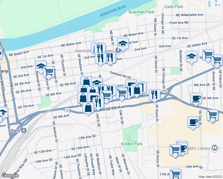map of restaurants, bars, coffee shops, grocery stores, and more near 750 Southeast Sherman Street in Albany