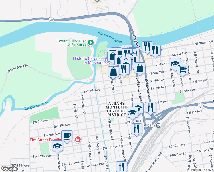 map of restaurants, bars, coffee shops, grocery stores, and more near 404 Calapooia Street Southwest in Albany