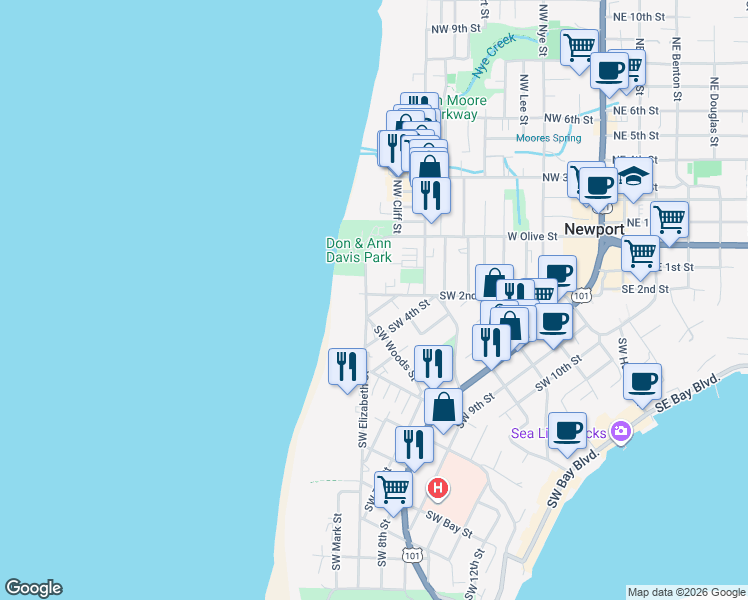 map of restaurants, bars, coffee shops, grocery stores, and more near 232 Southwest Elizabeth Street in Newport