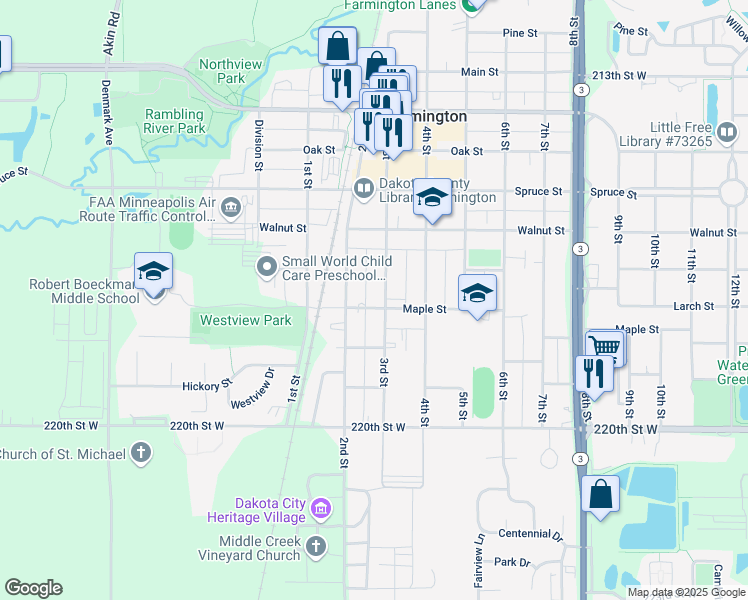 map of restaurants, bars, coffee shops, grocery stores, and more near 804 3rd Street in Farmington