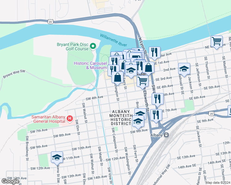 map of restaurants, bars, coffee shops, grocery stores, and more near 424 Southwest Washington Street in Albany