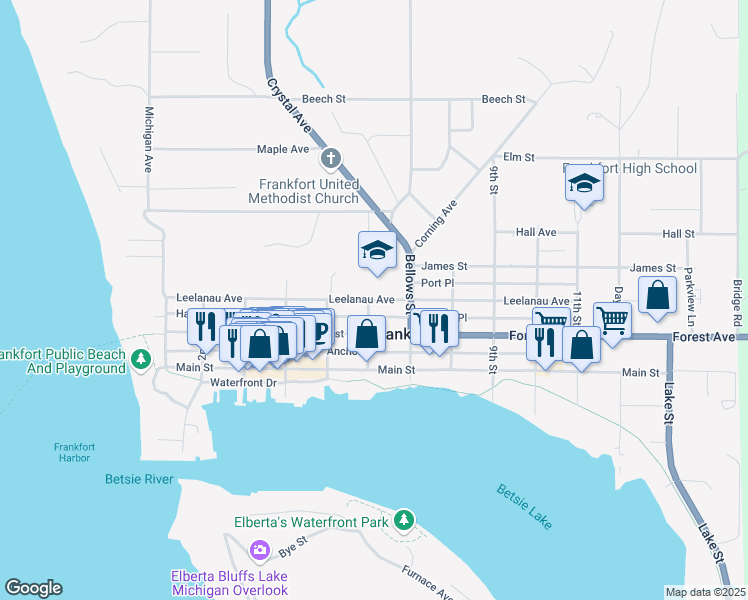 map of restaurants, bars, coffee shops, grocery stores, and more near 613 Leelanau Avenue in Frankfort