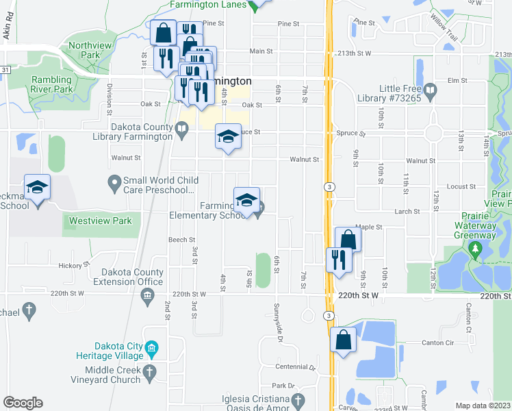 map of restaurants, bars, coffee shops, grocery stores, and more near 717 5th Street in Farmington
