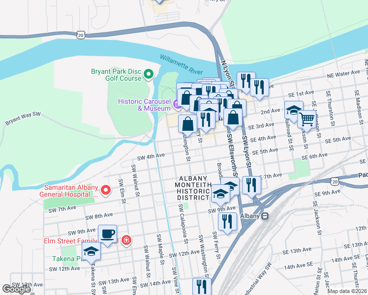 map of restaurants, bars, coffee shops, grocery stores, and more near 424 Southwest Washington Street in Albany