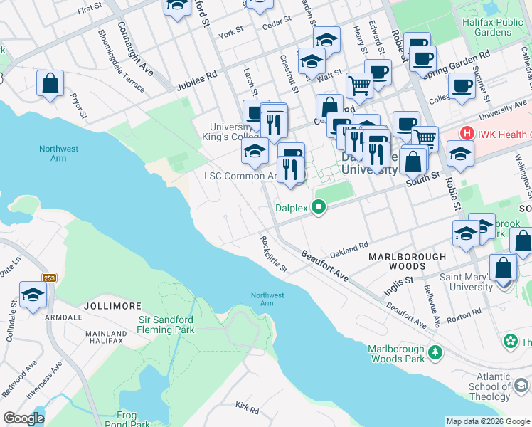 map of restaurants, bars, coffee shops, grocery stores, and more near 1270 Oxford Street in Halifax