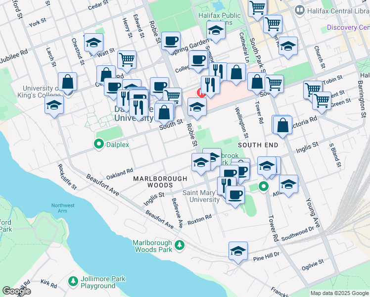 map of restaurants, bars, coffee shops, grocery stores, and more near 6037 Oakland Road in Halifax