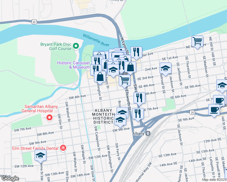 map of restaurants, bars, coffee shops, grocery stores, and more near 340 Southwest 5th Avenue in Albany