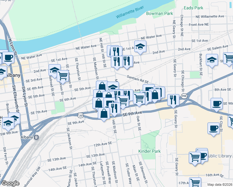 map of restaurants, bars, coffee shops, grocery stores, and more near 1086 Southeast 7th Avenue in Albany