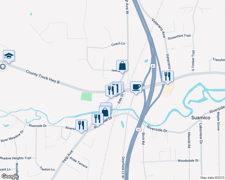 map of restaurants, bars, coffee shops, grocery stores, and more near 13394 Velp Avenue in Green Bay