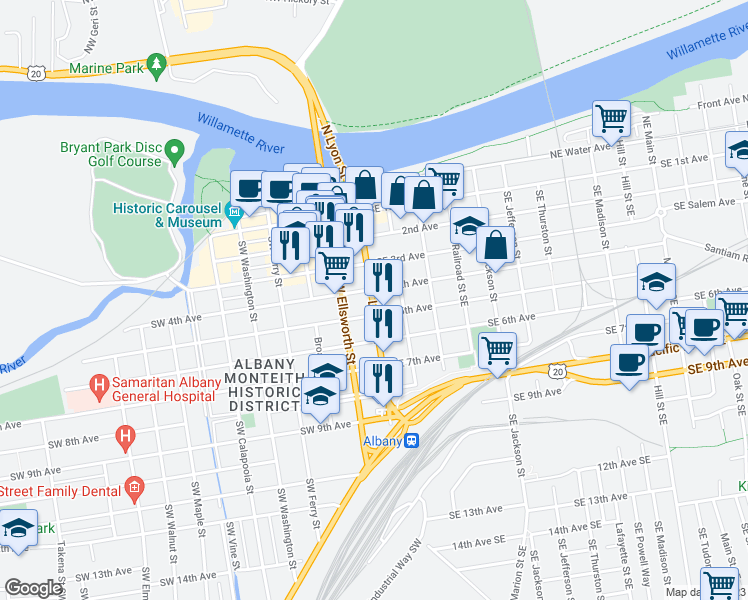 map of restaurants, bars, coffee shops, grocery stores, and more near 417 South Lyon Street in Albany