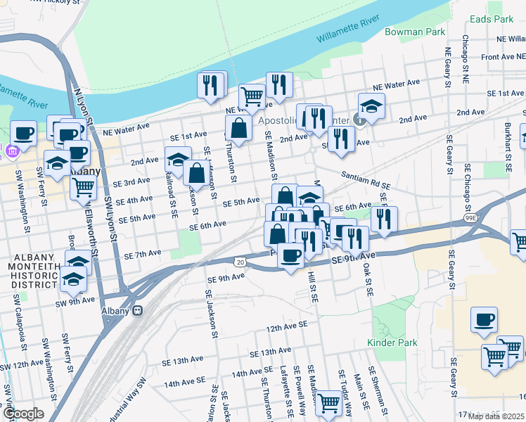 map of restaurants, bars, coffee shops, grocery stores, and more near 589 Lafayette Street Southeast in Albany