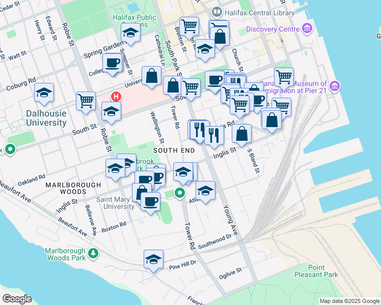 map of restaurants, bars, coffee shops, grocery stores, and more near 1041 Tower Road in Halifax