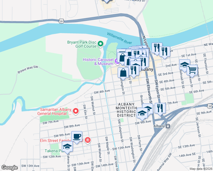 map of restaurants, bars, coffee shops, grocery stores, and more near 640 Southwest 3rd Avenue in Albany
