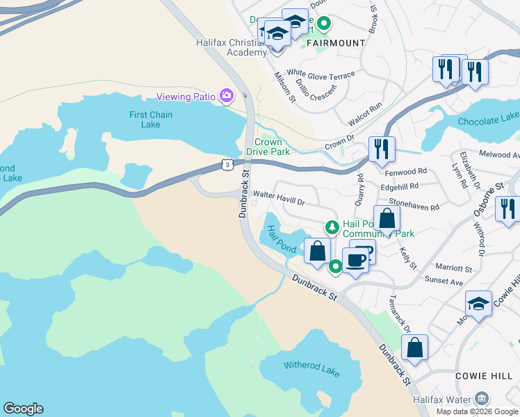 map of restaurants, bars, coffee shops, grocery stores, and more near 202 Walter Havill Drive in Halifax