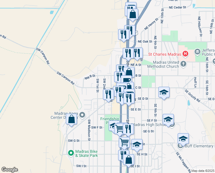 map of restaurants, bars, coffee shops, grocery stores, and more near 23 Southwest 2nd Street in Madras