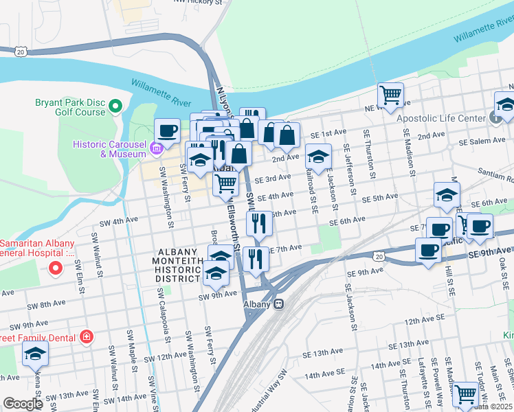 map of restaurants, bars, coffee shops, grocery stores, and more near 139 Southeast 4th Avenue in Albany
