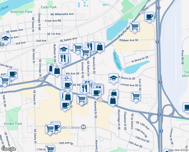 map of restaurants, bars, coffee shops, grocery stores, and more near 825 Waverly Dr SE in Albany