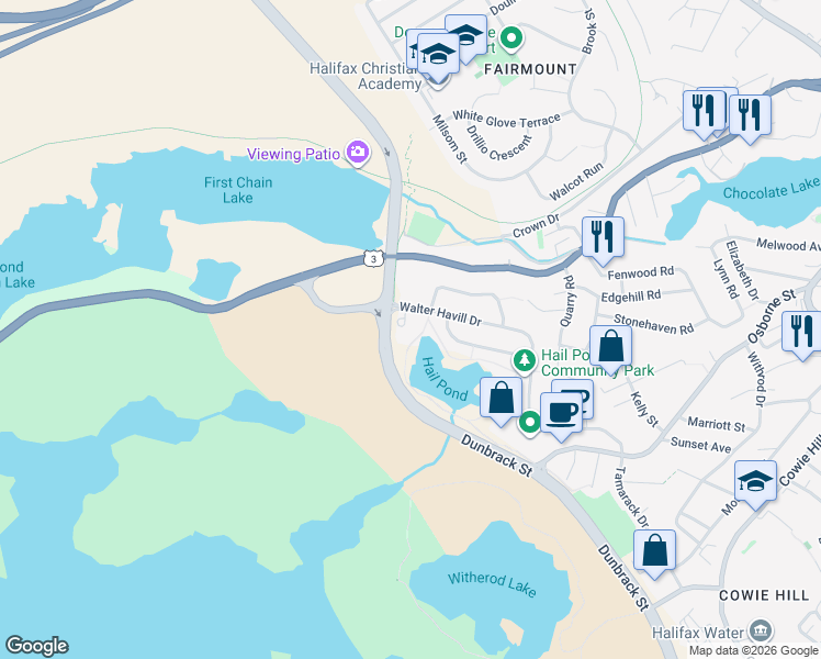 map of restaurants, bars, coffee shops, grocery stores, and more near 202 Walter Havill Drive in Halifax