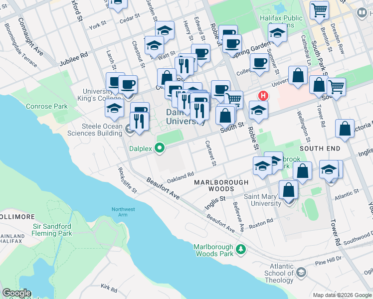 map of restaurants, bars, coffee shops, grocery stores, and more near 1176 Studley Avenue in Halifax